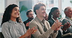Clapping, success and smile with business man in audience for meeting, workshop and deal. Applause, celebration and conference with group of employees at convention for seminar, crowd and support