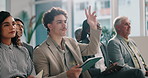 Raised hands, question and business people in office at seminar with finance idea, answer or training. Audience, workshop and financial advisors at investment conference or meeting with coaching.