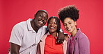 Face, black people and friends for fashion in studio with embrace, cool clothes and bold style. Portrait, man and women laughing with hug, trendy outfit and bonding with funny joke on red background