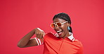 Pointing, excited and face of black woman in studio with hand gesture for choice, motivation and you. Mockup space, red background and girl with approval for decision, encouragement and show deal