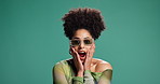 Face, wow and woman with surprise in studio for news, announcement and winner. Shock, sunglasses and African person with omg emoji, lottery prize and discount with giveaway on background with space