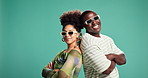 Sunglasses, man and woman with arms crossed, fashion or  friends with trendy outfit or mockup space. Green background, laughing and people with stylish clothes, smile and confident with shades