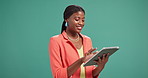 Fashion designer, tablet and black woman in studio for internet connection, typing or networking. Entrepreneur, technology and happy online for advertising on marketplace, website or green background