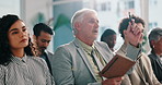 Mature businessman, raised hand and question in crowd at convention for pitch, book or presentation. People, employee and talk in audience with discussion, writing and feedback at finance conference