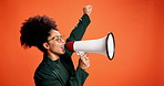 African woman, megaphone and fashion in studio background, announcement and sale alert. Female person, fist and bullhorn for broadcast, breaking news and noise to vote winner for competition giveaway
