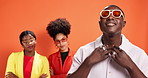 Pride, black people and friends for fashion in studio background, trendy clothes and bold style. Portrait, mockup space and models with arms crossed for retro aesthetic, classy outfit and attitude 