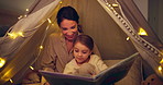 Tent, child and mother reading book in home for bedtime story, learning and talk. Storytelling, parent and girl relax with fairytale at night for education, teaching or bonding with happy family