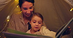 Tent, kid and mother reading book in home for bedtime story, learning or talk. Storytelling, parent and girl relax with fairytale at night, education or bonding with happy family with stuffed animal