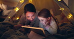 Storytelling, tablet and mother with child in bedroom for bedtime story, reading and bonding. Support, night and fairytale with woman and kid in family home for love, teaching and happiness together