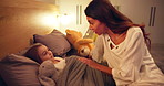 Night, bedroom and mother with girl, conversation and storytelling with love, comfort and care. Apartment, parent and mama with kid, child development and discussion with family, evening and home