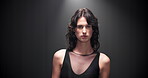 Studio, woman and face with walking for runway, public event or presentation of fashion with mockup. Female person, model and portrait with pride for clothing show, designer brand or black background