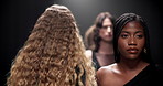 Fashion show, modeling and women walking on stage with designer clothes, luxury collection or couture. Runway, catwalk or event with group of people in a row with elegance, style and trendy design