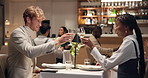 Date, wine and cheers with couple in restaurant for conversation, support and fine dining. Honeymoon, talking and partner with man and woman at romantic dinner for toast, hospitality and love