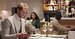Frustrated, waiting and phone with man in restaurant for late date, annoyed and fine dining. Text message, cancel appointment and worry with person at dinner for time,  hospitality and reservation