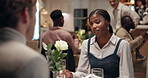 Restaurant, couple and conversation with conflict on date, bonding together and wine for dinner. Fine dining, partner and woman with sorry for disagreement, anniversary mistake and alcohol drink