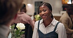 Restaurant, couple and talking with laughing on date, bonding together and wine for dinner. Romantic dining, partner and woman with happiness for conversation, celebrate anniversary and alcohol drink