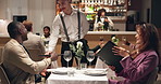 Waiter, menu and couple in restaurant, talking and order for food, culinary cuisine and options. People, employee or decision with conversation, fine dining and service with hospitality and server