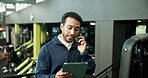 Gym manager, man or phone call with tablet for fitness membership, sign up query or customer service. Health club, employee and speaking to client for online subscription, promo and registration help