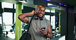 Walking, athlete or leave gym with phone for workout tracking, chat notification or training app. Fitness, black man or sports bag with smartphone at health club for exercise progress or text message