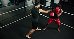 Active, men and fight with coach in boxing ring for fitness, sports training and sparring practice. Above, people and punch for exercise, mma performance and workout preparation of battle competition