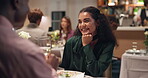 Bonding, couple and people with champagne, restaurant or celebration for anniversary, meal and date. Happy, woman and conversation with man on break, smile and beverage for fine dining or talking