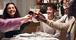 Business, people or cheers with celebration at restaurant for company success, goals or achievement. Client dinner, employees and alcohol toast for partnership deal, networking or team building event