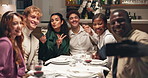 Couple of friends, restaurant and selfie with wine for social gathering, celebration or peace sign. Group date, people and take picture at dinner for party, blow kiss and smile for photo online