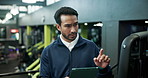 Man, gym manager and inspection with tablet for workout equipment or exercise machines. Male person, happy instructor or health club operator checking stock with technology for facility management
