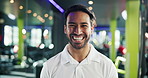 Happy, asian man and face with gym manager in confidence for health and wellness service. Portrait, male person and instructor with smile in joy for vitality, exercise or workout at fitness facility
