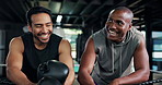 Break, sports men and talking in boxing ring at gym together for exercise, fitness or training. Conversation, laughing and workout with boxer friends in health club for coaching or discussion