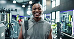 Face, fitness and laughing with black man in gym for training or workout as professional athlete. Exercise, health and wellness with funny person in sports club for development or performance