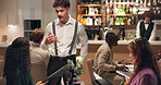 Waiter, customers and women in restaurant, menu and order for food, culinary cuisine and service. People, employee or friends with conversation, fine dining and request with hospitality or decision