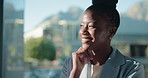 Thinking, happy and businesswoman in office by window with ideas, planning or brainstorming for publishing. Smile, problem solving and African magazine editor with solution for article in workplace.