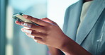 Office, hands and typing on smartphone for message, online communication and lawyer for networking. Closeup, person and business attorney with mobile for application, notification and email for case