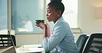 Black woman, thinking and laptop in office with coffee, email and online report or research for business project. Employee, espresso and website for internet review, administration and planning