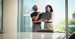 Business people, laughter and woman with laptop, conversation and advice for report. Employees, copywriting and journalist in office with tech, editing and feedback with internet and funny review