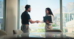Laptop, handshake or business people in office, partnership or agreement for web design contract. Employees, teamwork or shaking hands in workplace, computer or cooperation with b2b deal or thank you