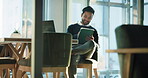 Business, man and tablet with smile in office for research, financial report and comparison. Accountant, tech and online for reading email, review revenue and schedule update for investment proposal