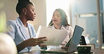 Office, business people or laptop with document for feedback, investment solution or finance report. Teamwork, women and financial advisor with secretary for budget management, discussion and tablet