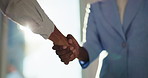 Shaking hands, deal and business people in office for agreement, partnership or finance contract. Negotiation, greeting and financial manager with client for handshake with networking opportunity.