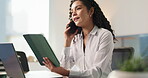 Phone call, employee and woman with tablet, office or communication with contact, smile or schedule. Business, secretary and person with laptop for agenda, talking and conversation with mobile