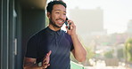 Business, man and phone call on office balcony for networking, project update and negotiation. Consultant, contact and check watch at workplace for client appointment, meeting schedule and feedback