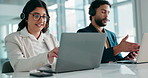 Call center, laptop and reading with business woman in office for sales consultant, advice and help desk. Feedback, contact us and b2b team with employees in telecom agency for customer service