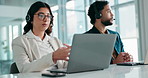 Call center, laptop and talking with business woman in office for sales consultant, advice and help desk. Feedback, contact us and b2b team with employees in telecom agency for customer service