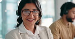Call center, smile and face with business woman in office for sales consultant, advice and help desk. Feedback, contact us and b2b team with employees in communication agency for customer service