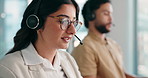 Call center, woman and customer service  in office with crm, communication and online consultant. Contact us, headset and technical support help with agent, coworking and hotline for operator advice