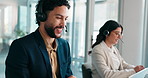 Call center, smile and talking with business man in office for sales consultant, advice and help desk. Feedback, contact us and b2b team with employees in communication agency for customer service