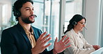 Call center, microphone and talking with business man in office for sales consultant, advice and help desk. Feedback, contact us and b2b team with employees in telecom agency for customer service