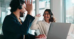 Call center, business people and man with laptop for high five, crm help or success for sales goal. Fist pump, coworking or consultant in office for telemarketing, promotion or colleague to celebrate