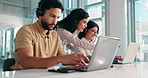 Call center, manager and people in office help on laptop for online consulting, contact and feedback. Professional, corporate and mentor with woman on computer for customer service and crm support